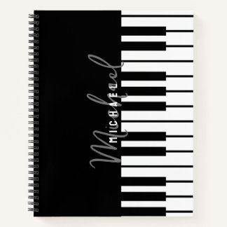 Modern Black & White Piano Keyboard Monogram Name Notebook
