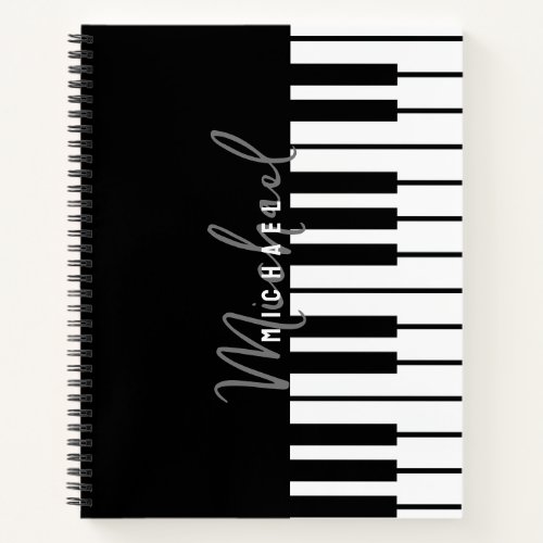 Modern Black  White Piano Keyboard Monogram Name Notebook