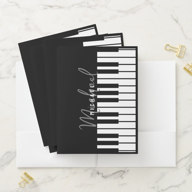 Modern Black & White Piano Keyboard Monogram Name Pocket Folder (In Situ)