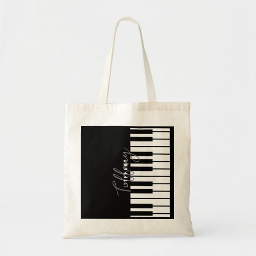 Modern Black  White Piano Keyboard Monogram Name Tote Bag