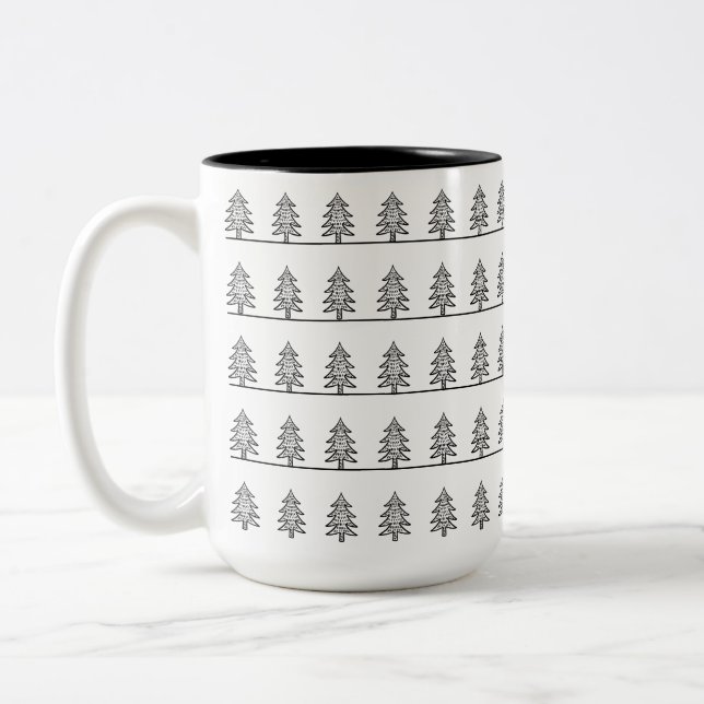 Modern Black & White Pine Tree Forest Holiday Two-Tone Coffee Mug (Left)