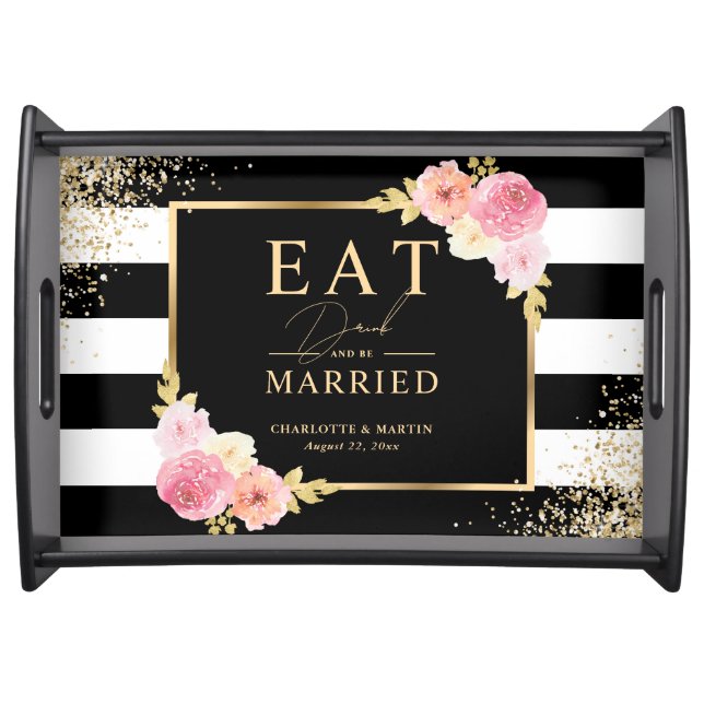 Modern Black White Pink Floral Wedding Serving Tray (Front)