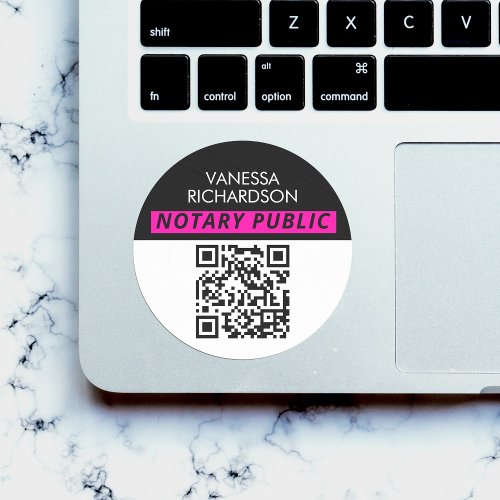 Modern Black White Pink Minimal QR Code Notary  Classic Round Sticker