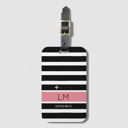 modern black white  pink stripes with name travel luggage tag