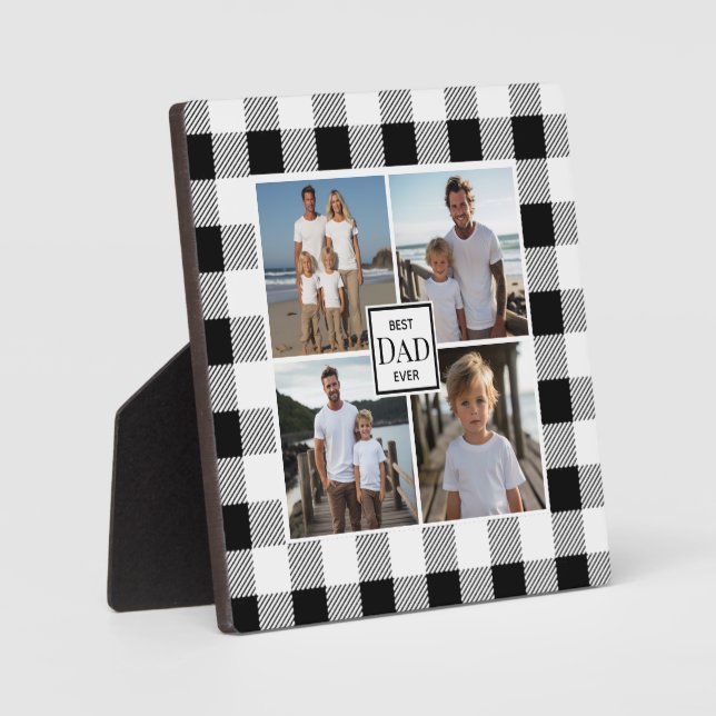 Modern black white plaid 4 photo template plaque (Front)