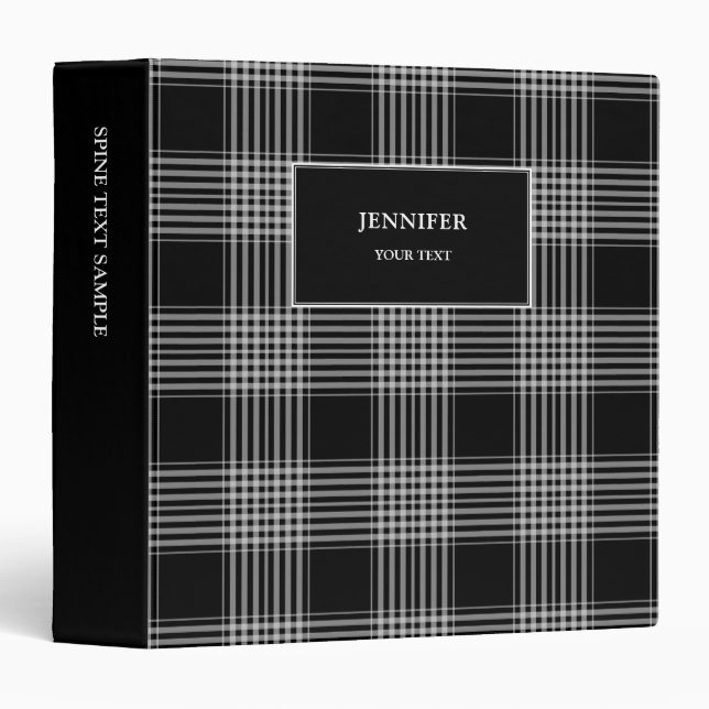 Modern black white plaid checkered monogram name binder (Front/Spine)