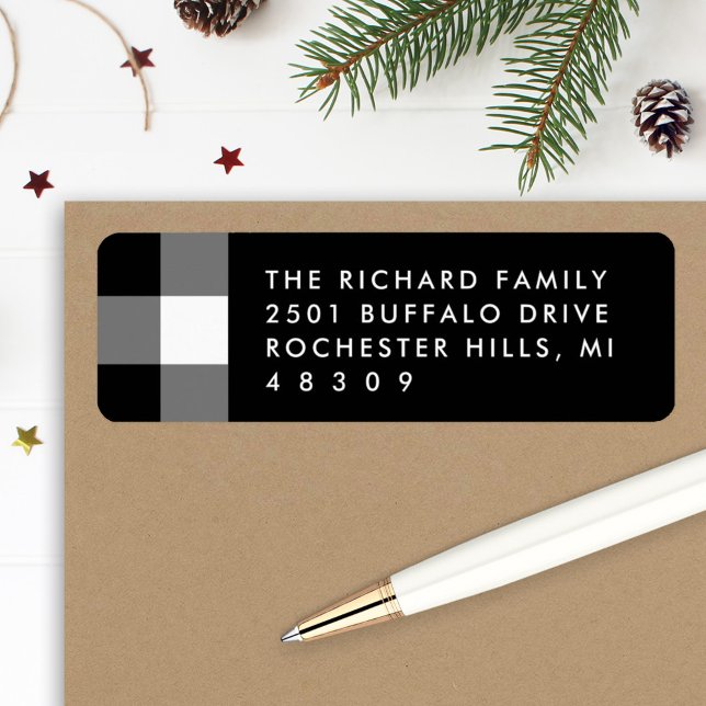 Modern Black White Plaid Christmas Address Label (Creator Uploaded)