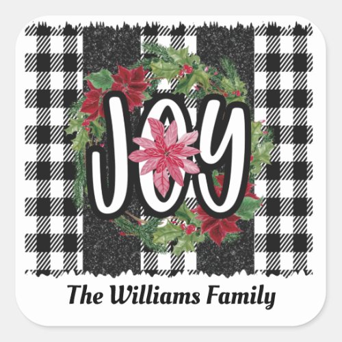 Modern Black White Plaid Christmas Joy  Square Sticker