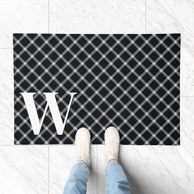 Modern Black & White Plaid Monogram Doormat (Indoor)