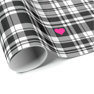 Modern black white plaid pattern, pink hearts wrapping paper