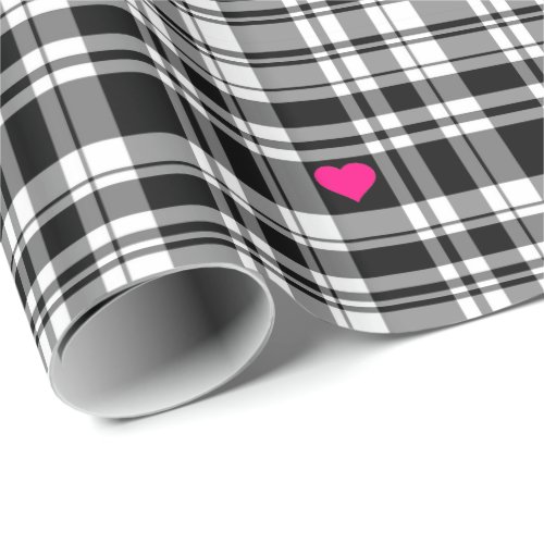 Modern black white plaid pattern pink hearts  wrapping paper