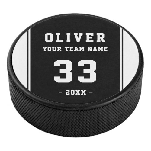 Modern Black White Player Name Number Team  Hockey Puck