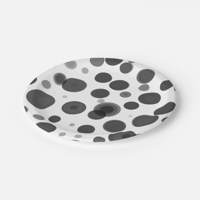 Modern Black White Polka Dot Bubbles Party Paper Plates (Angled)