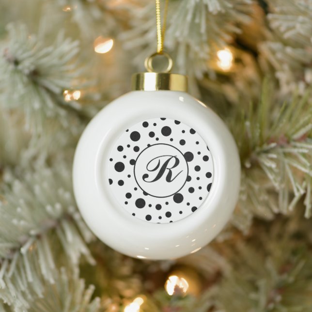 Modern Black White Polka Dot Monogram Ceramic Ball Christmas Ornament (Tree)