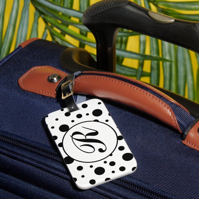 Modern Black White Polka Dot Monogram Luggage Tag (Front Insitu 1)