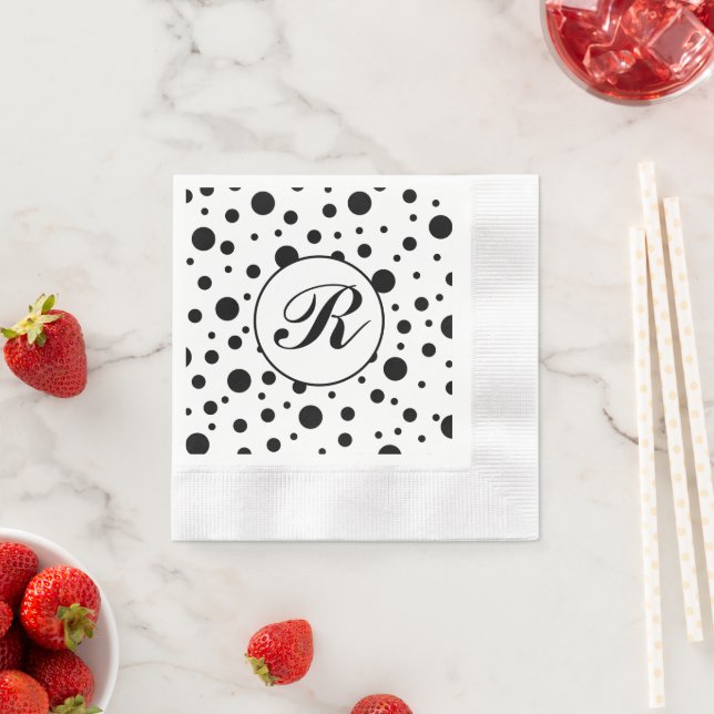 Modern Black White Polka Dot Monogram Napkins (Insitu)
