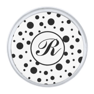 Modern Black White Polka Dot Monogram Silver Finish Lapel Pin