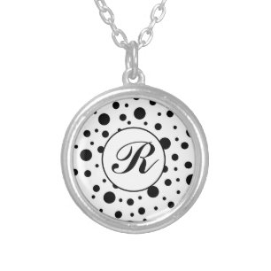 Modern Black White Polka Dot Monogram Silver Plated Necklace