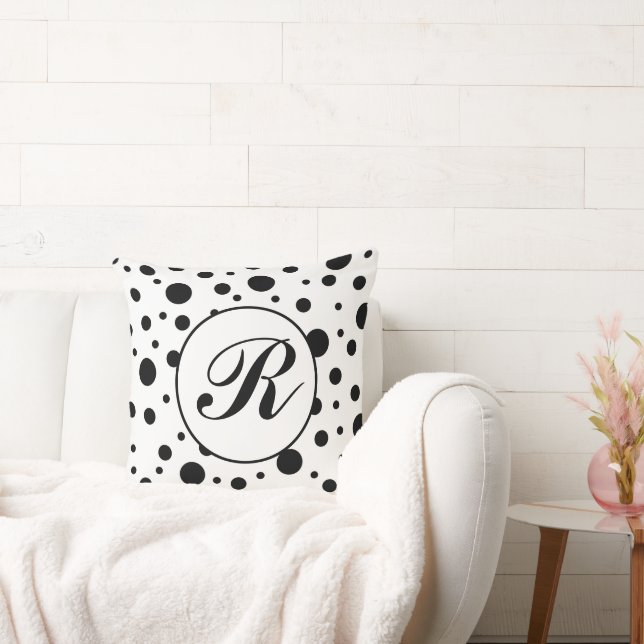 Modern Black White Polka Dot Monogram Throw Pillow (Couch)