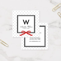 Modern Black White Polka Dot Red Ribbon Monogram Square Business Card
