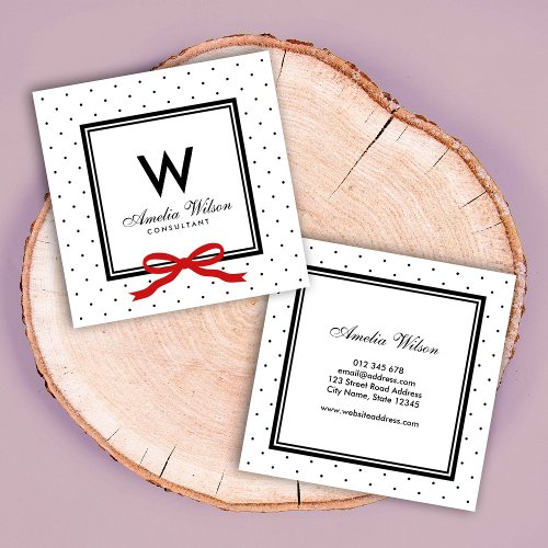 Modern Black White Polka Dot Red Ribbon Monogram Square Business Card