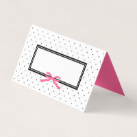 Modern Black White Polka Dot with Pink Ribbon Place Card