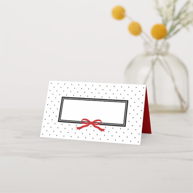 Modern Black White Polka Dot with Red Ribbon Place Card (Front)