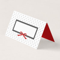 Modern Black White Polka Dot with Red Ribbon Place Card