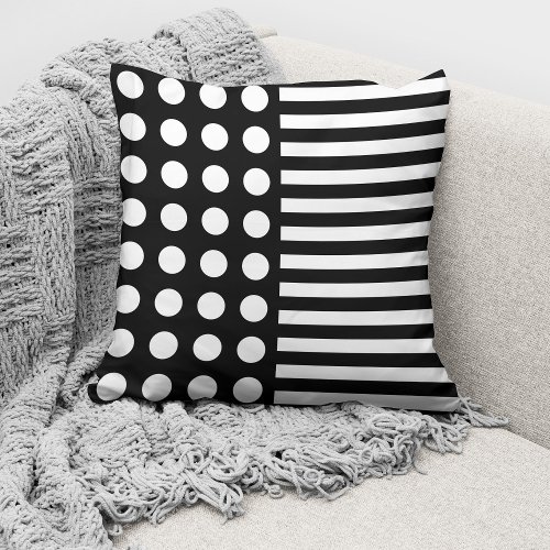 Modern Black White Polka Dots And Stripes Pattern Throw Pillow