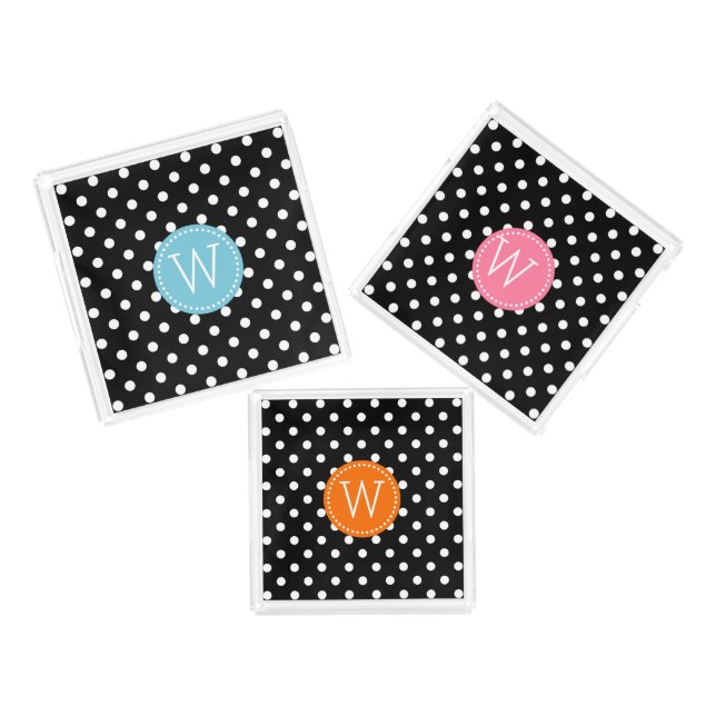 Modern Black & White Polka Dots Pattern Acrylic Tray (Set)