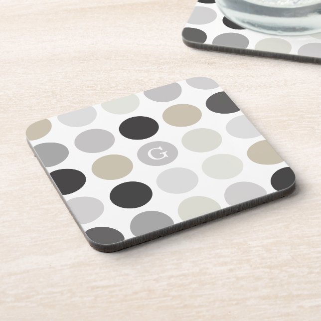 Modern black white polka dots pattern monogram drink coaster (Left Side)