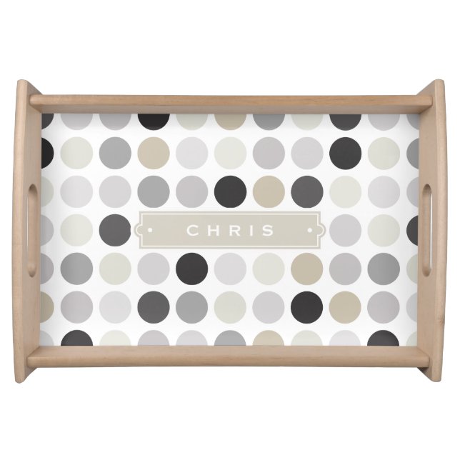 Modern black white polka dots pattern monogram serving tray (Front)