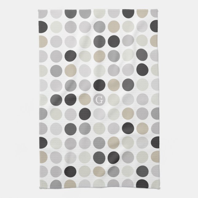Modern black white polka dots pattern monogram towel (Vertical)