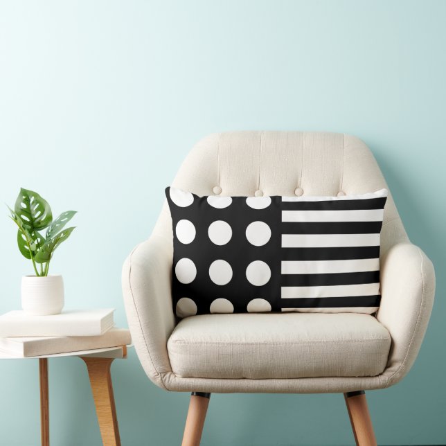 Modern Black White Polka Dots & Stripes Pattern Lumbar Pillow (Chair)