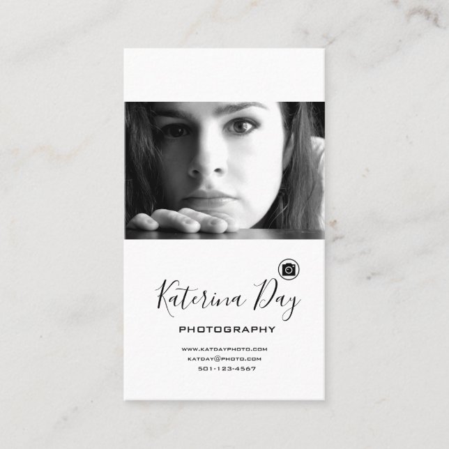Modern black white portrait photography script business card (Front)