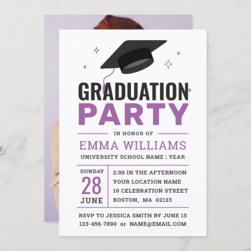Modern Black White Purple  Photo Graduation Party Invitation
