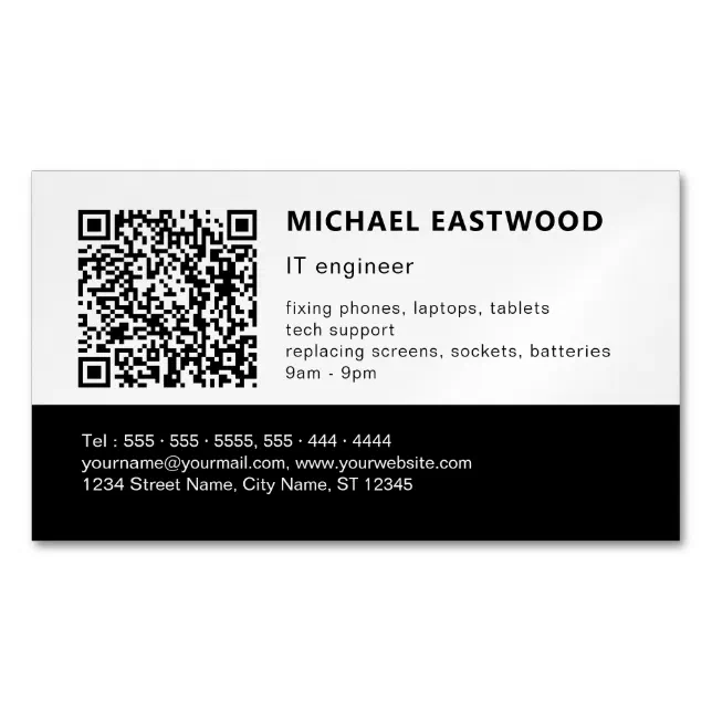 Modern Black White QR Code IT Professional Business Card Magnet | Zazzle