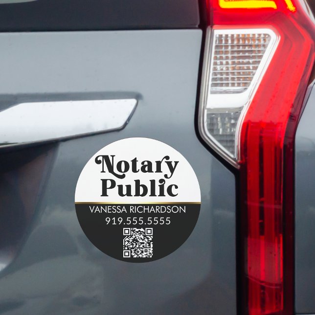 Modern Black White QR Code Scannable Notary Round Car Magnet (Creator Uploaded)