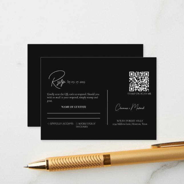 Modern Black & White QR Code Script Wedding RSVP Enclosure Card (Front/Back In Situ)