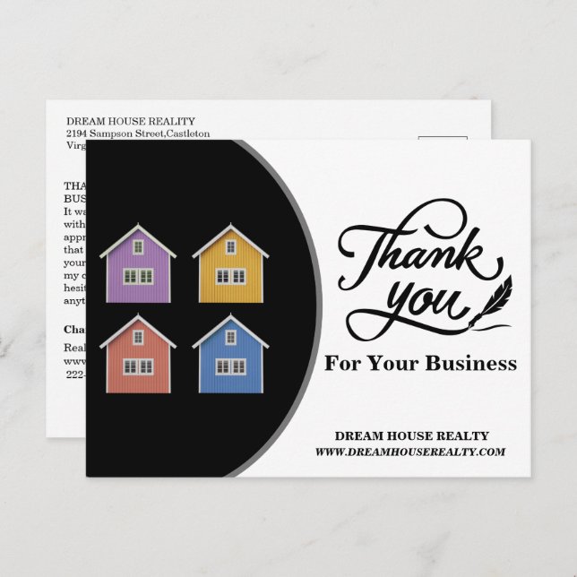 Modern Black & White Real Estate Agent Thank You   Postcard (Front/Back)
