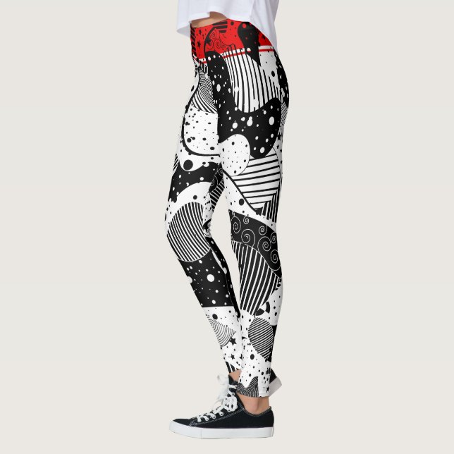 Modern Black White & Red Abstract Geometric Art Leggings (Left)