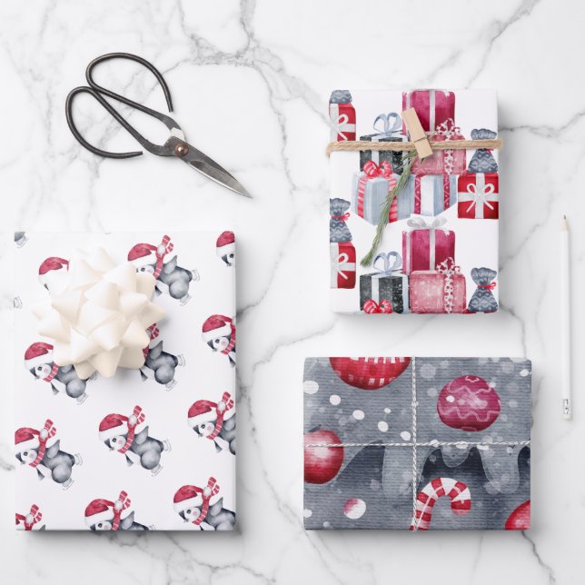 Modern Black White Red Christmas Watercolor Wrapping Paper Sheets (Front)