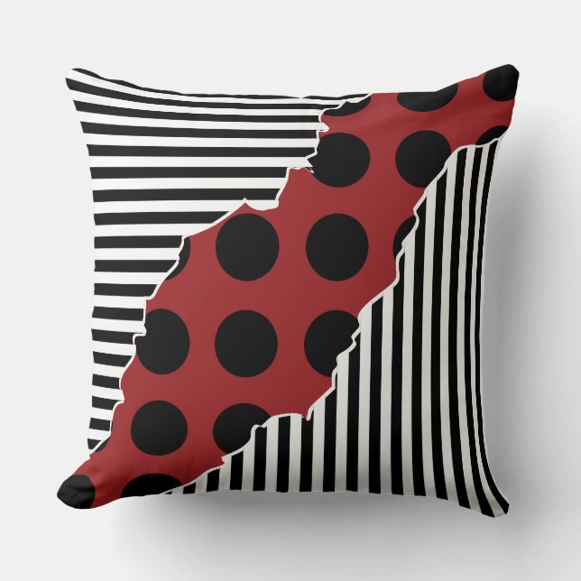 Modern Black, White & Red Layered Stripes Dots Throw Pillow (Front)