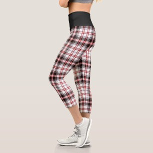 Modern Black White Red Plaid Pattern Capri Leggings