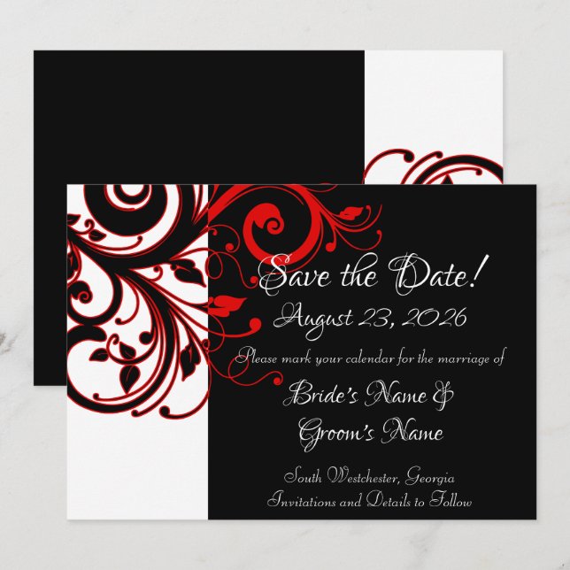 Modern Black White Red Swirl Wedding Save the Date (Front/Back)