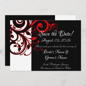 Modern Black White Red Swirl Wedding Save The Date by CustomInvites at Zazzle