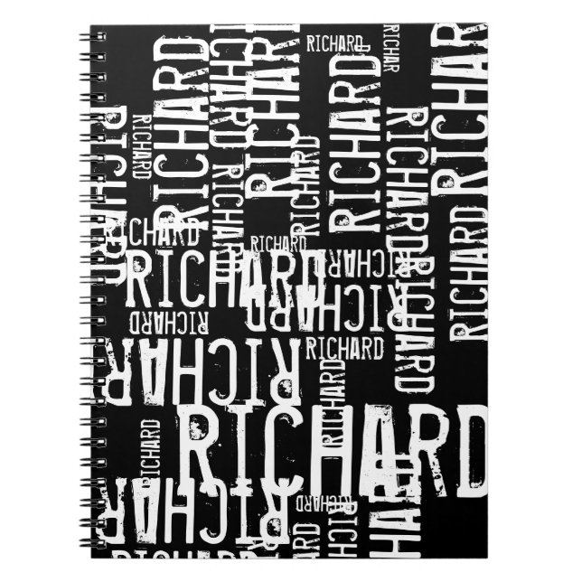 Modern Black White Repeated Custom Name Notebook (Front)