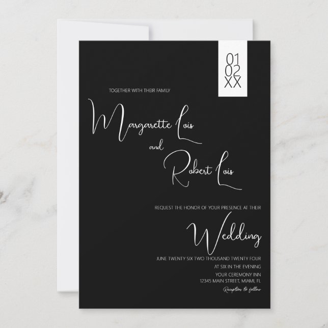 Modern Black White Ribbon Script Wedding  Invitation (Front)