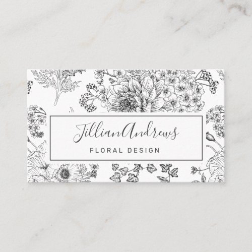 Modern Black White Rose Floral Design Professional Business Card