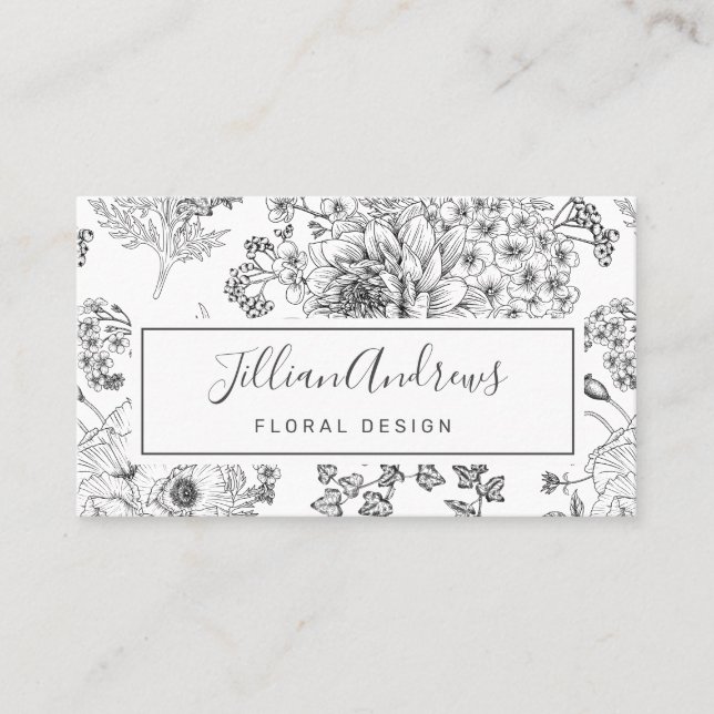 Modern Black White Rose Floral Design Professional Business Card (Front)